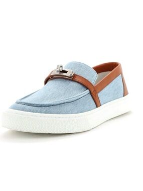 Hermes Light Denim Slip-On Loafer with Tan Leather Trim and Silver Hardware